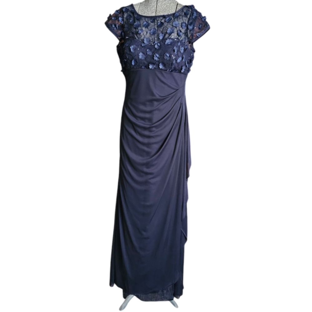 Xscape Navy Asymmetrical Ruched Gown with Flutter Cap Sleeves